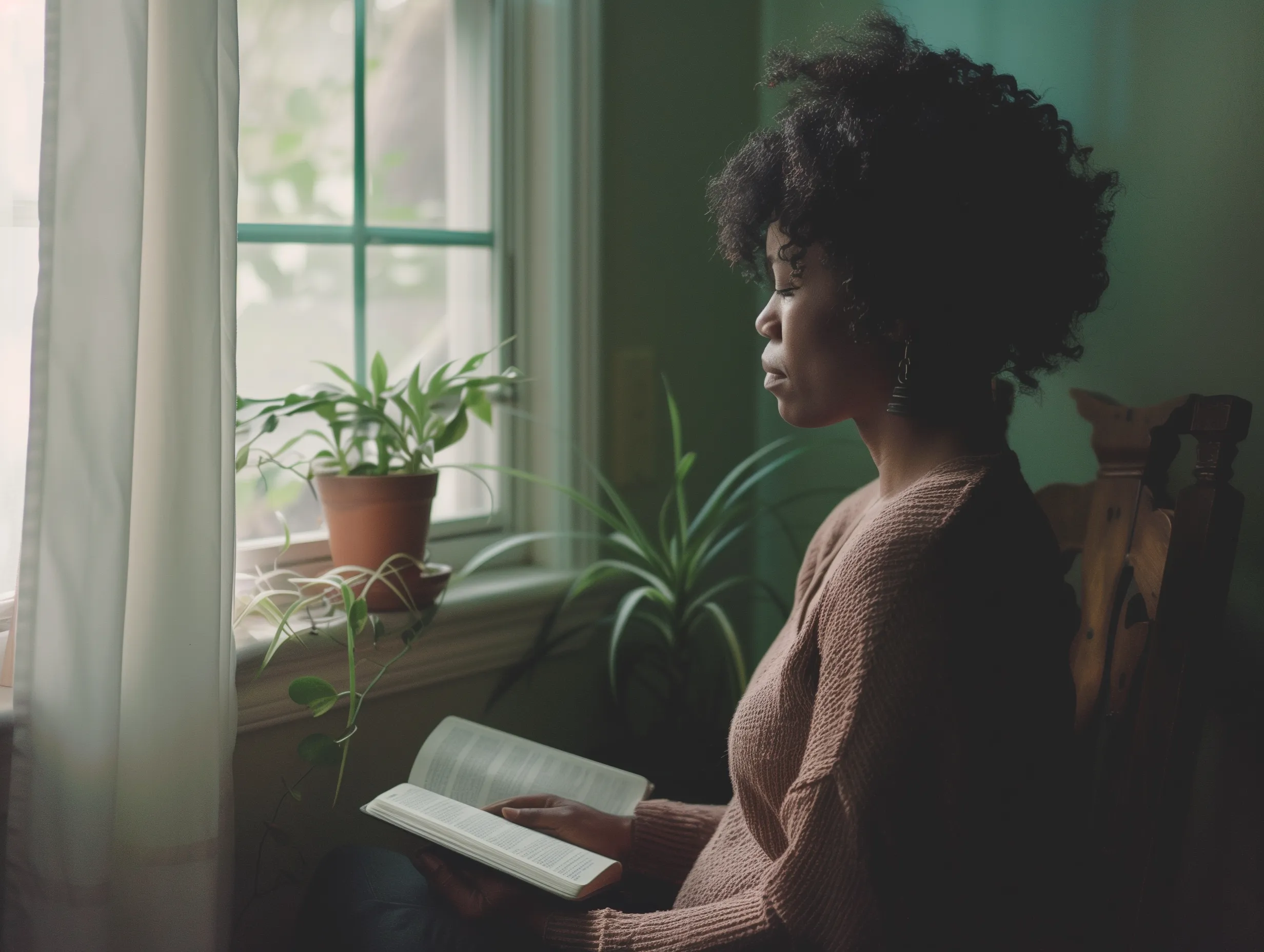 Person in peaceful reflection with scripture