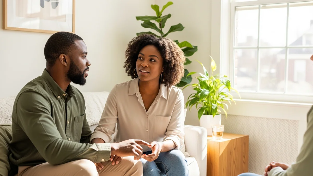 A couple reconnecting during a marriage counselling session