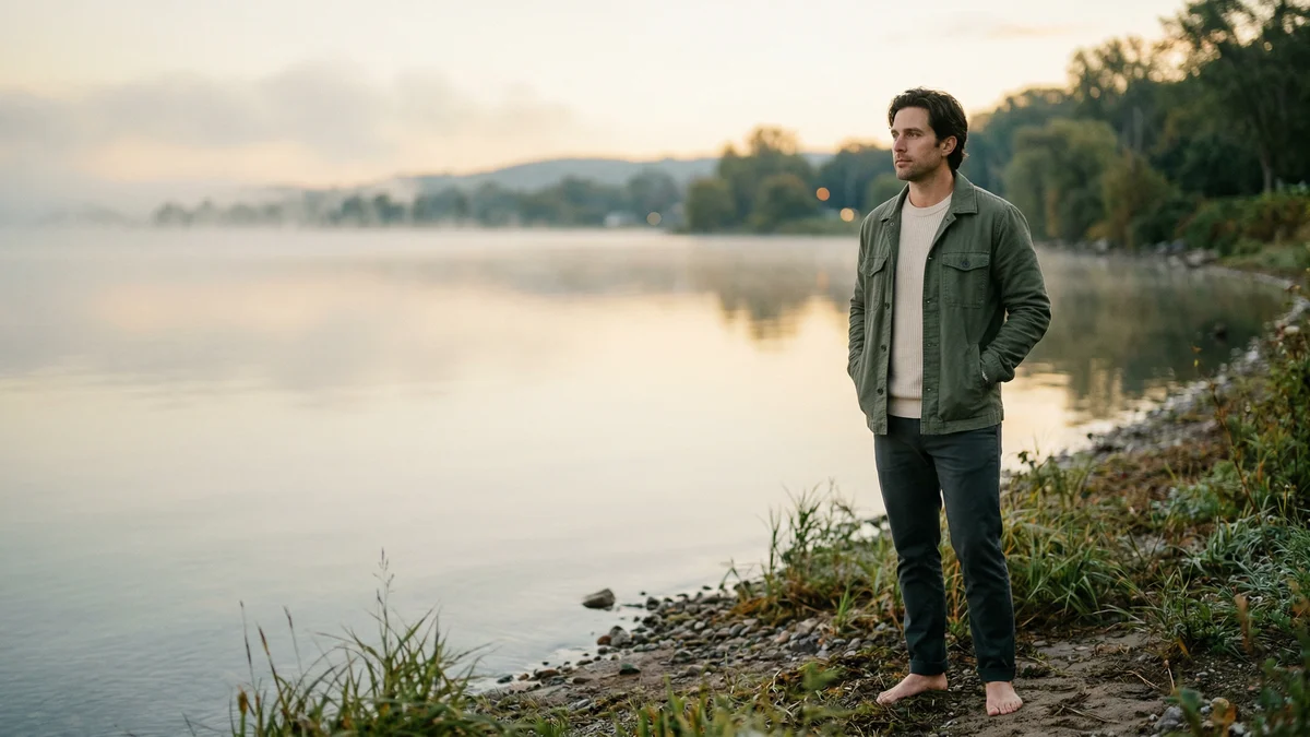 Man standing by a calm lake at dawn with a grounded steady expression