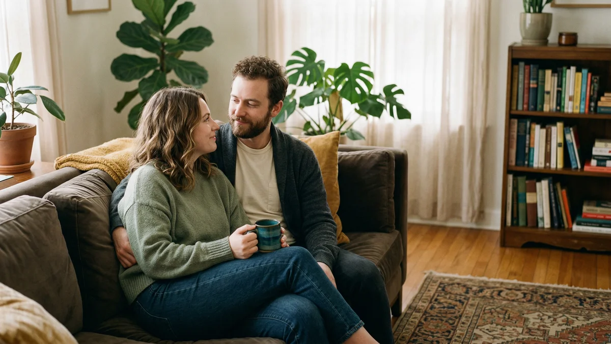 Two people sitting together looking out over Burlington waterfront