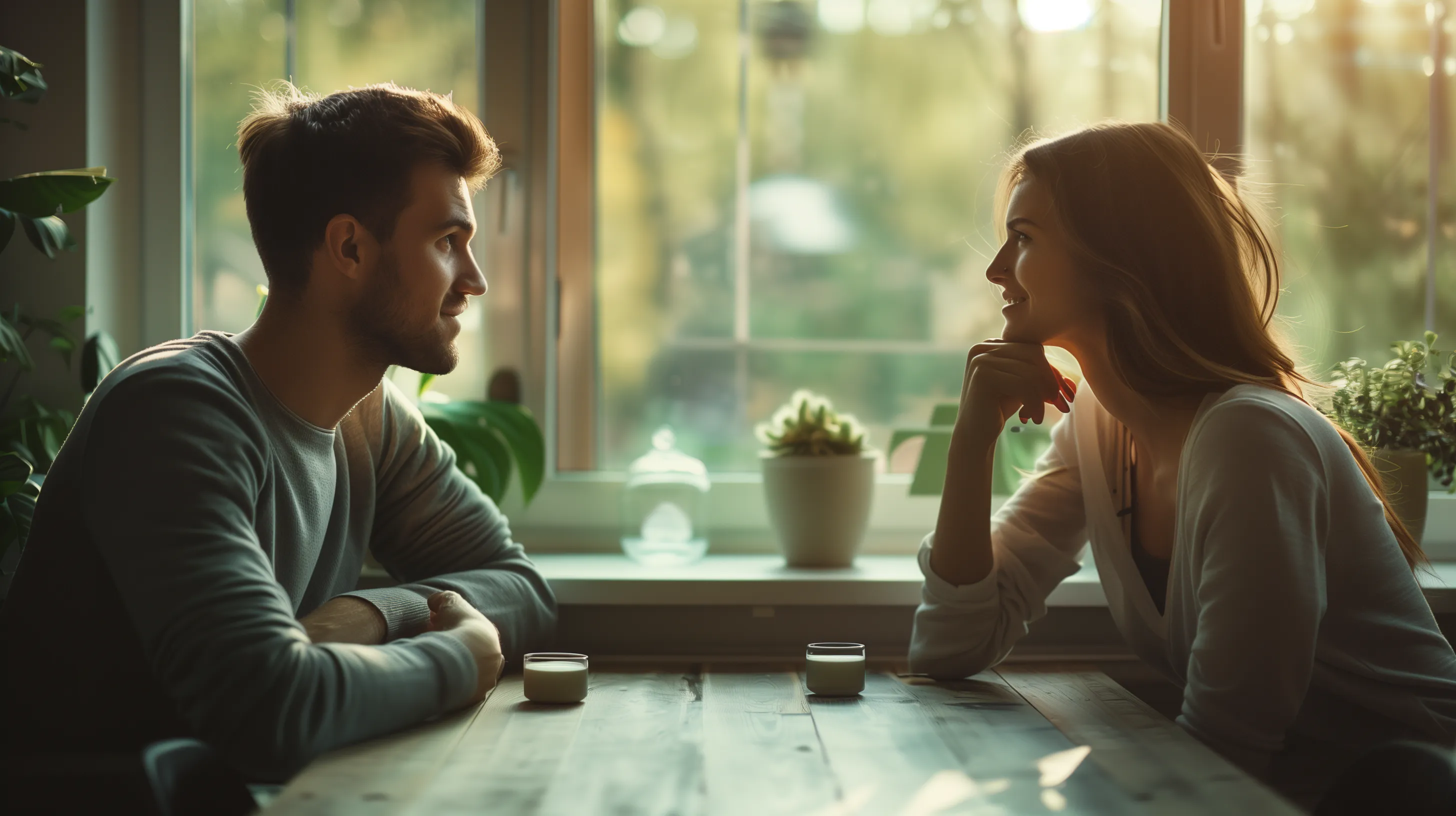 Couple reconnecting through therapy with warm lighting
