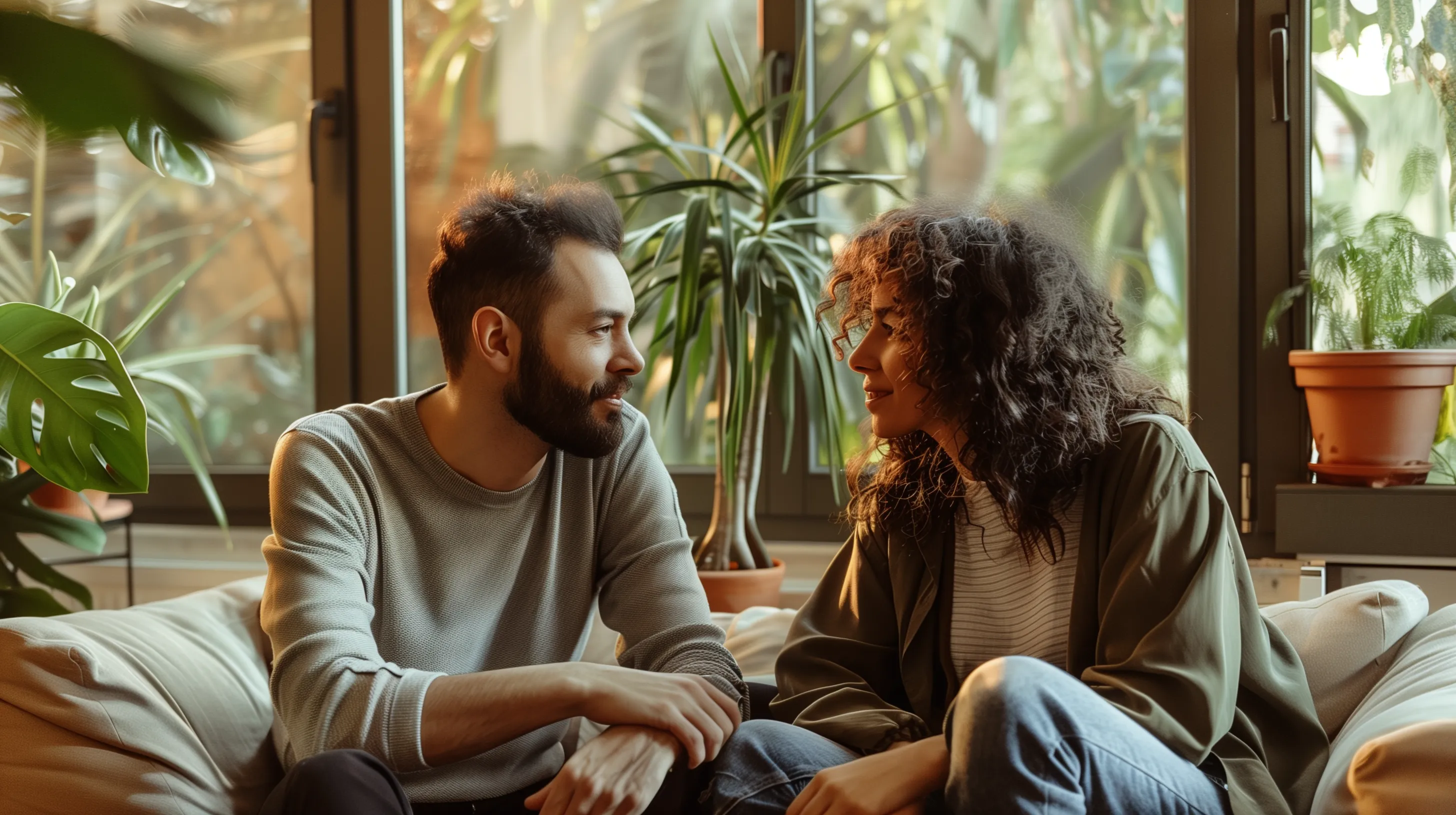 Engaged couple having meaningful conversation