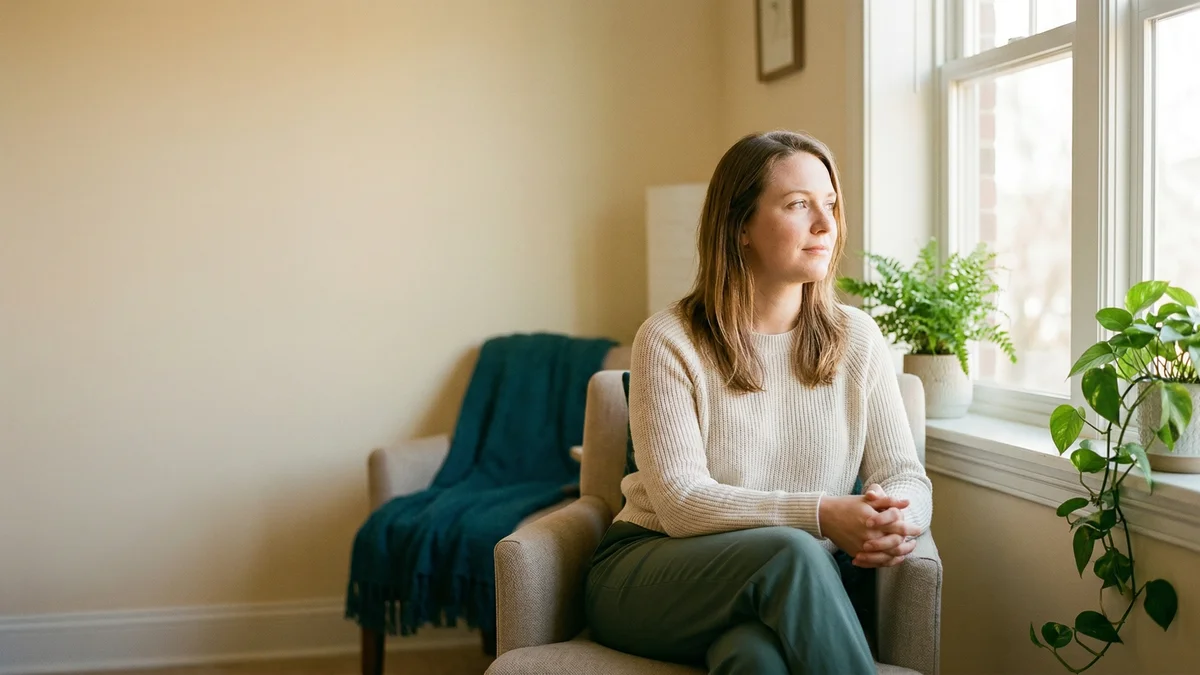 Woman sitting by a window in warm light with a hopeful expression