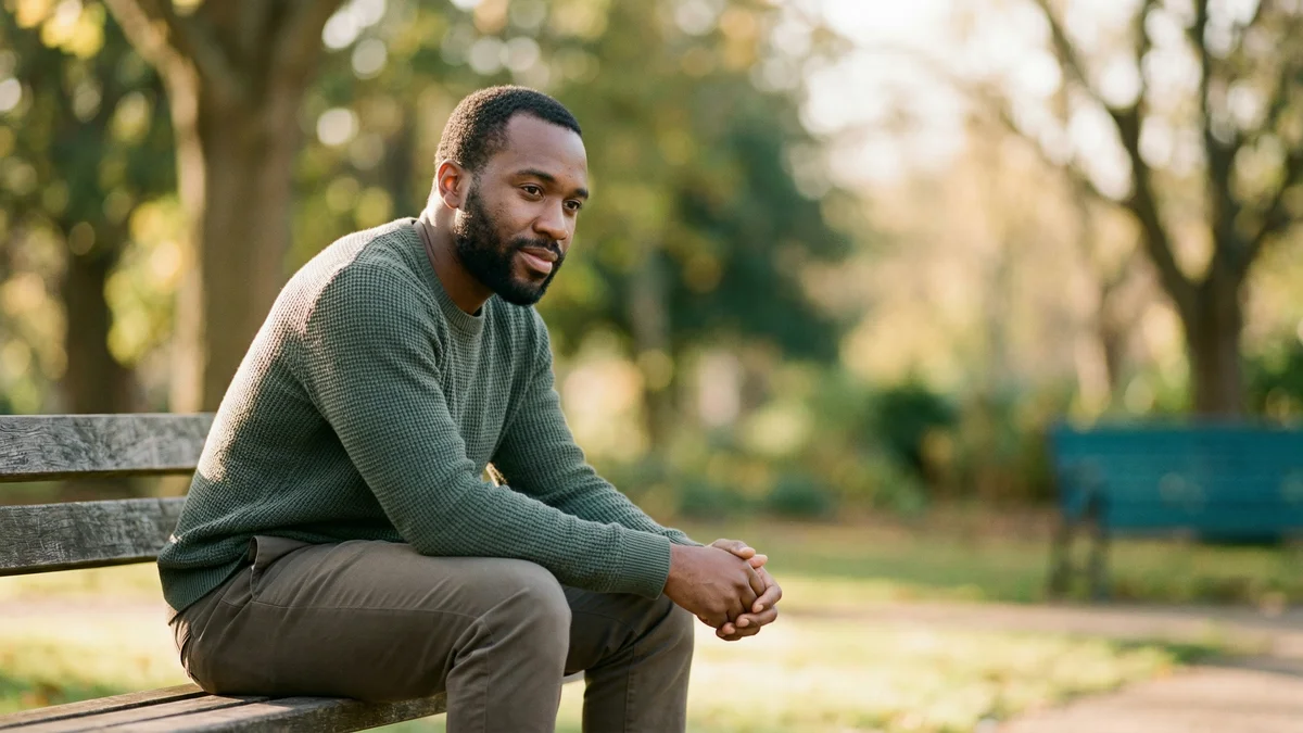 Man sitting on a park bench in morning light with a thoughtful expression