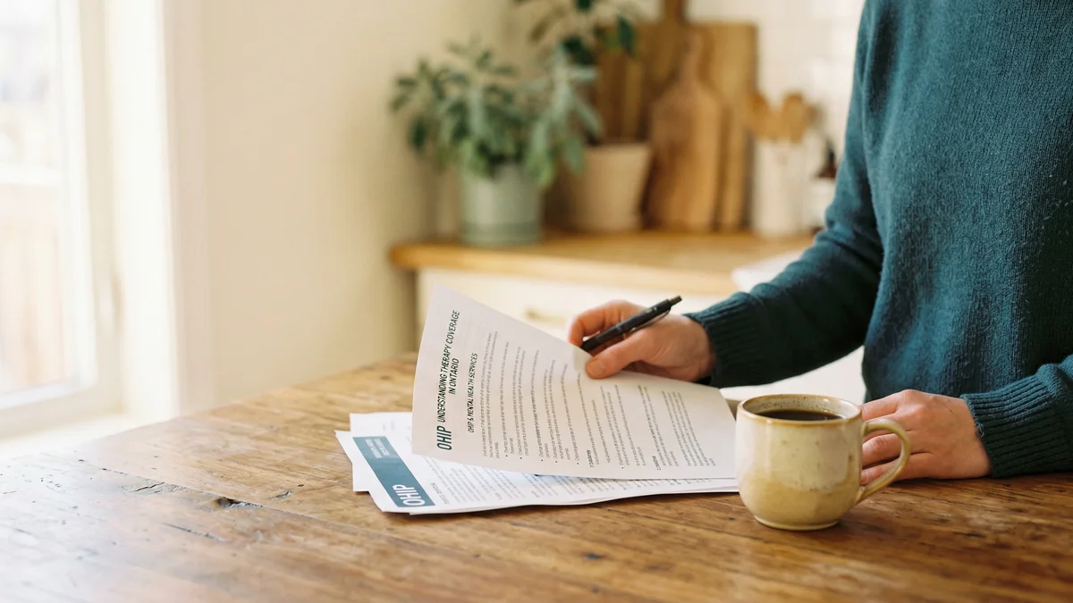 Hands holding papers beside coffee on a kitchen counter in morning light