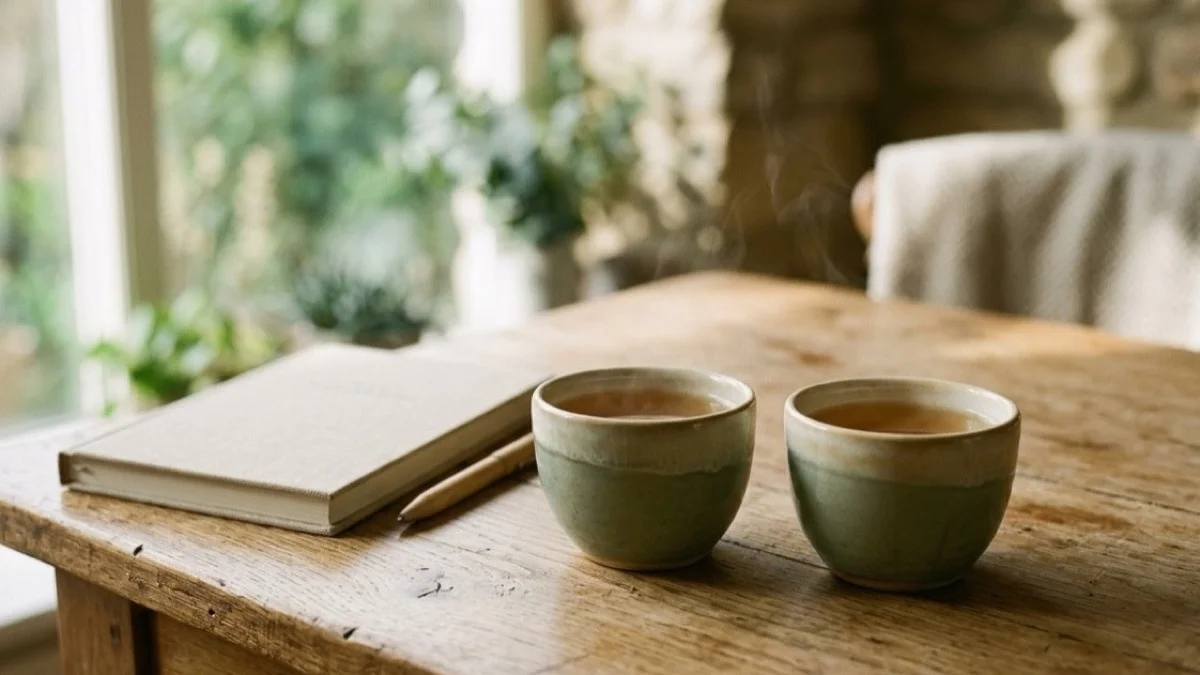 Two cups of tea on a wooden table beside a notebook and pen in soft morning light