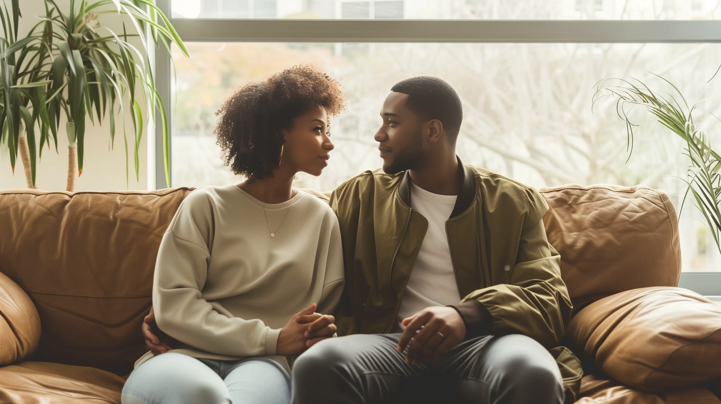 Couple in meaningful conversation with warm lighting
