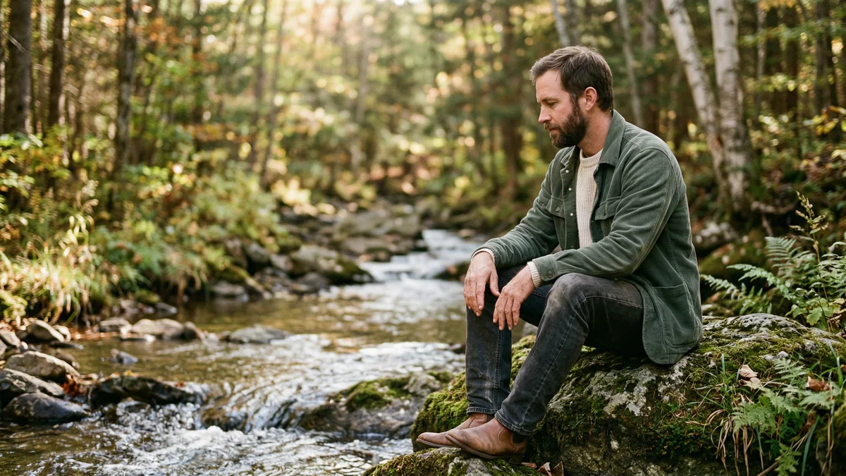 Man sitting on a rock by a forest stream in warm filtered light