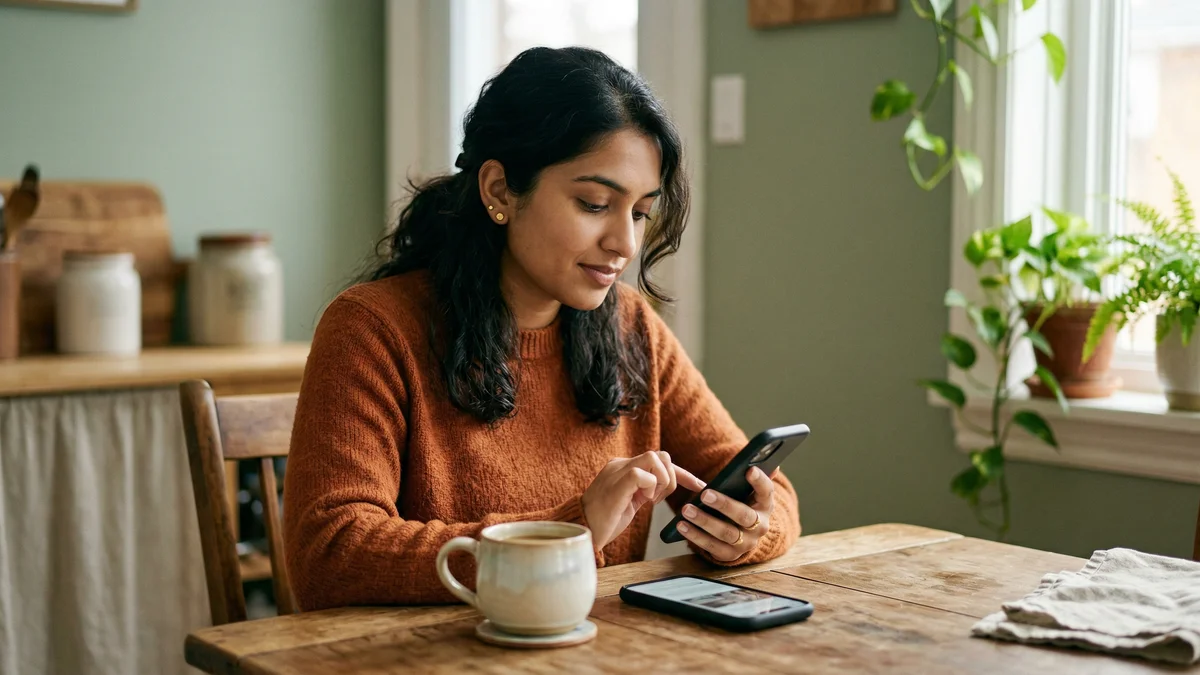 Woman at a kitchen table with coffee, looking at phone in morning light
