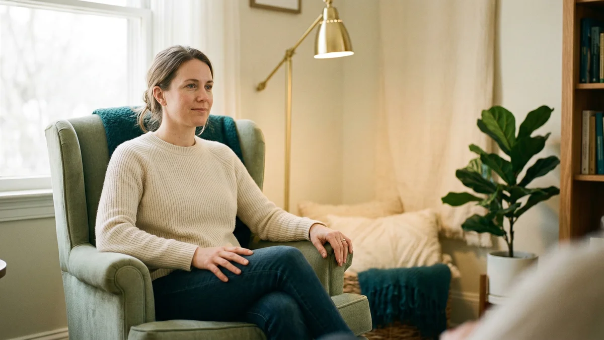 Person sitting in a comfortable therapy room with warm natural light