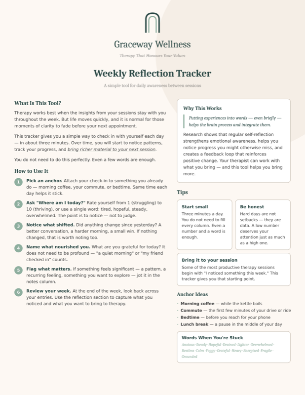 Instruction page for the Weekly Reflection Tracker explaining the 6-step daily check-in process