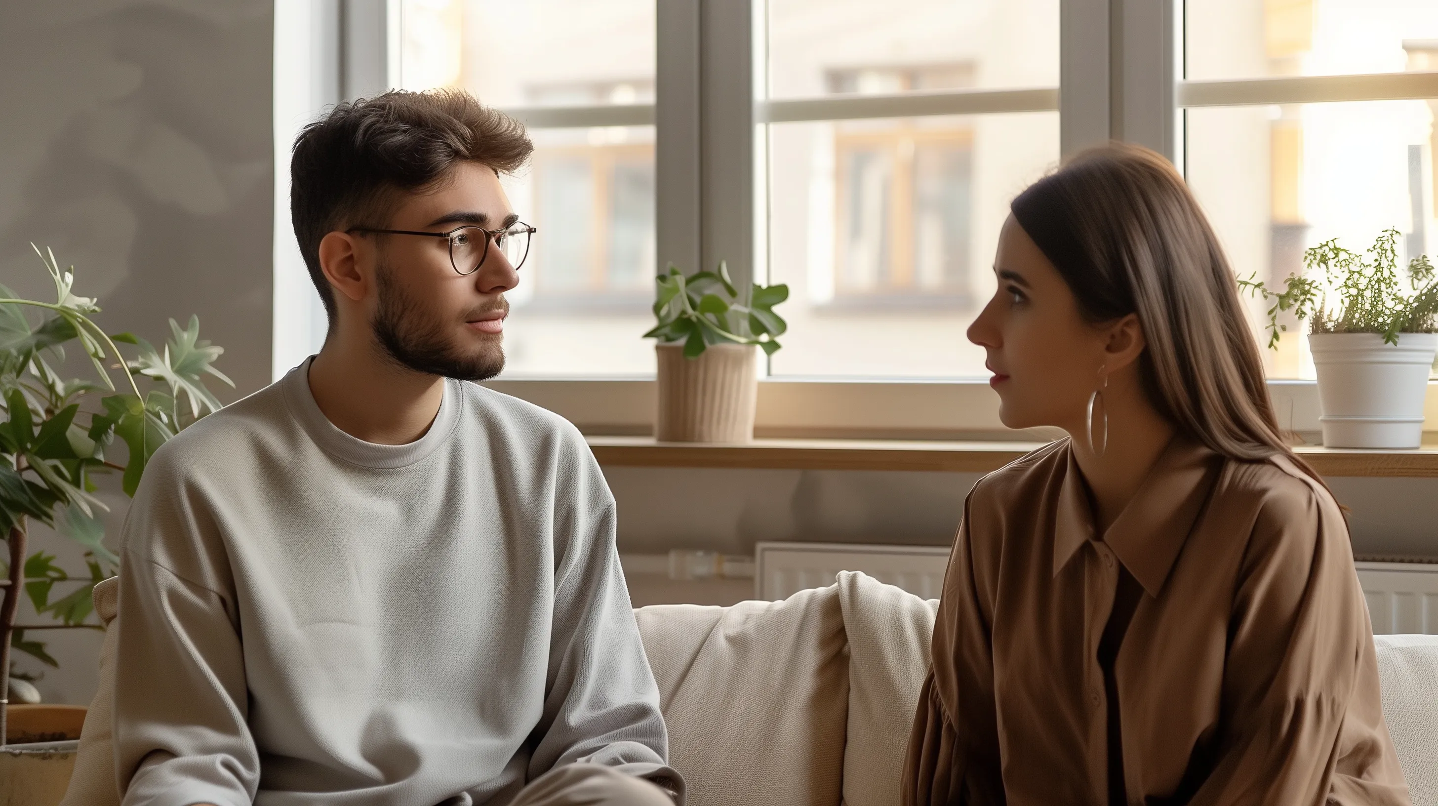 Two people having a conversation on a sofa near plants
